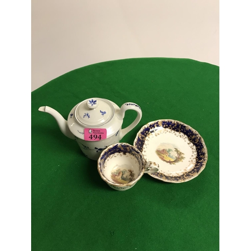 494 - EARLY CUP AND SAUCER & LIMOGE CHANTILLY TEAPOT - TEAPOT H 13CMS