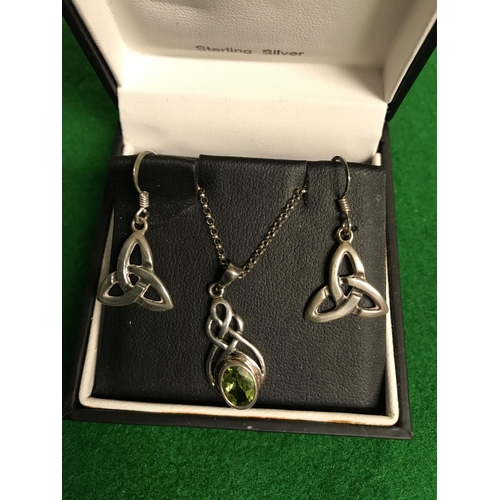 52 - SILVER NECKLACE SET PERIDOT & PAIR OF SILVER EARINGS