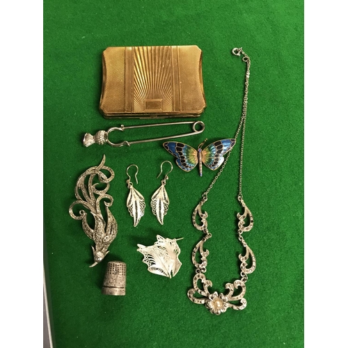 53 - KIGU COMPACT, THISTLE KILT PIN, BUTTERFLY BROOCH, NECKLACE, 2 X BROOCHES & SILVER THIMBLE & EARINGS