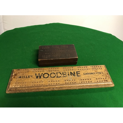 580 - VINTAGE WOODEN ADVERTISING WILLS WOODBINE CIGARETTE PUB CRIB BOARD & 1 X OTHER