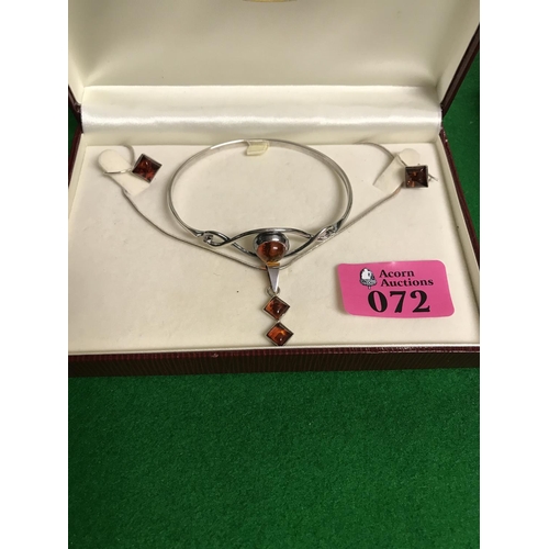 72 - 925 SILVER NECKLACE, EARINGS AND BANGLE SET AMBER - BOX FOR DISPLAY ONLY