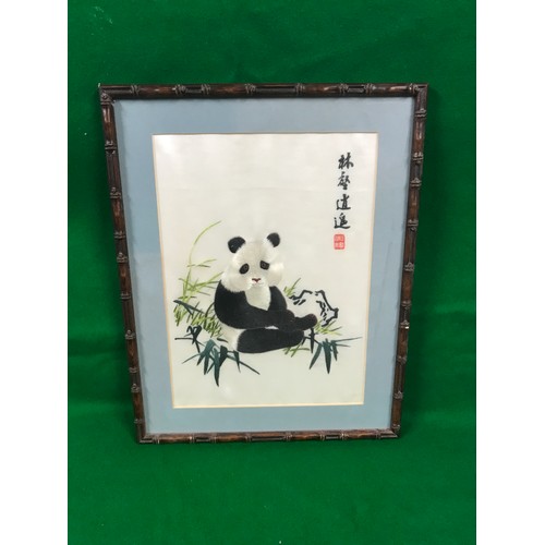 36 - FRAMED & GLAZED ORIENTAL SILK PICTURE OF A PANDA - 30CMS X 40CMS