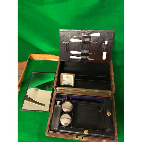 110 - EARLY LEATHER TRAVEL VANITY BOX WITH SHAVING MIRROR, SMALL FRAMED PICTURE,  ETC