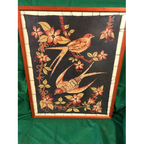 142 - FRAMED & GLAZED LARGE ORIENTAL MATERIAL PICTURE OF BIRDS & FLOWERS - 48CMS X 58CMS