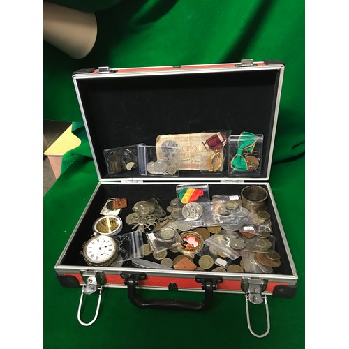 157 - CASE OF INTERESTING ITEMS INC COINS, MEDALS, POCKET WATCH ETC