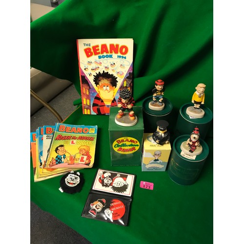 173 - QTY OF ASSORTED VINTAGE BEANO ITEMS INC 3 X ROBERT HARROP FIGURES, VINTAGE MAGAZINES, ANNUAL FAN CLU... 