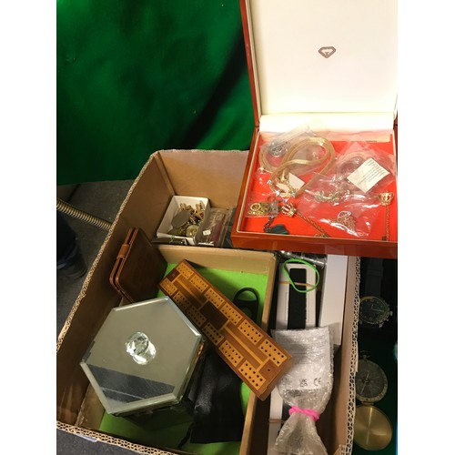 178 - BOX OF INTERESTING ITEMS INC WATCHES, CRIB BOARD, JEWELLERY ETC ETC