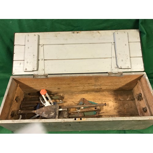 192 - LARGE VINTAGE WOODEN TOOL BOX WITH TOOLS - 85CMS X 30CMS X 26CMS H - COLLECTION ONLY OR ARRANGE OWN ... 