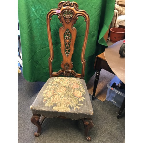 195 - NICE EARLY CHAIR WITH ORNATE BACK & UPHOLSTERED SEAT - COLLECTION ONLY OR ARRANGE OWN COURIER