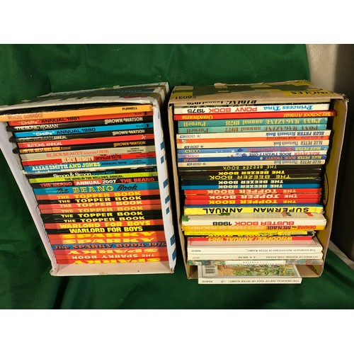 202 - 2 X LARGE BOXES OF VINTAGE CHILDRENS ANNUALS INC BEANO, TOPPER, BLUE PETER ETC