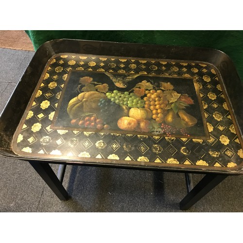 294 - EDWARDIAN TABLE WITH BLACK LACQUERED PAPIER MACHE TOP DECORATED WITH A BEAUTIFUL ARRAY OF FRUITS - 7... 