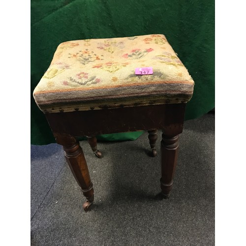 347 - LOVELY VICTORIAN STOOL WITH NEEDWORK TOP AND CASTORS TO LEGS - 56CMS H - COLLECTION ONLY OR ARRABGE ... 