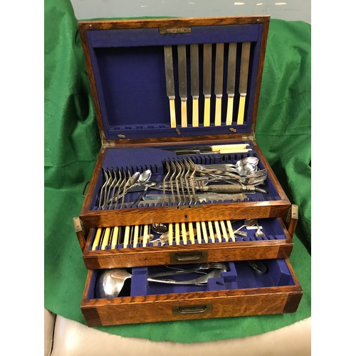 349 - BEAUTIFUL VINTAGE WOODEN CANTEEN OF CUTLERY BOX WITH SOME CUTLERY INSIDE - 46CMS X 32CMS X 20CMS H