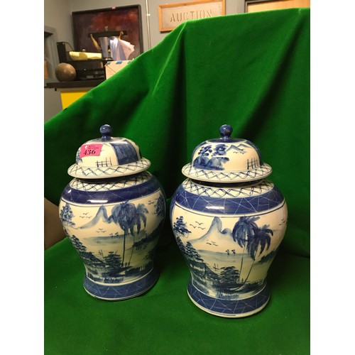 436 - PAIR OF LARGE BLUE & WHITE GINGER JARS - SMALL CHIP TO RIM - 30CMS H