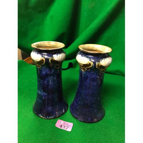 437 - PAIR OF LOVELY ART NOUVEAU ROYAL DOULTON STONEWARE VASES BY MAUD BOWDEN - SIGNED TO BASE - 18CMS H