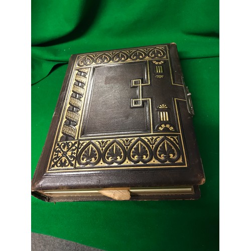 634 - LOVELY 19TH C LEATHER-BOUND CABINET PHOTO BOOK WITH ORNATE & WORKING BRASS CLASP WITH VARIOUS PHOTOS... 