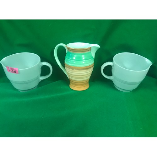 668 - PAIR OF BERYL WOOD JUGS & SHELLEY DRIP WARE JUG