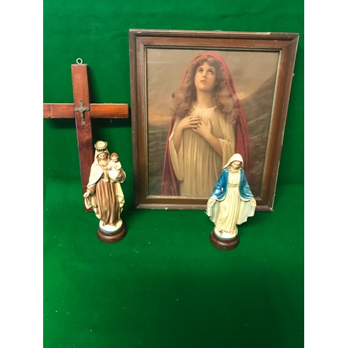 32 - FRAMED & GLAZED RELIGIOUS PICTURE, CRUCIFIX AND PAIR OF ITALIAN SACRID STATUES
