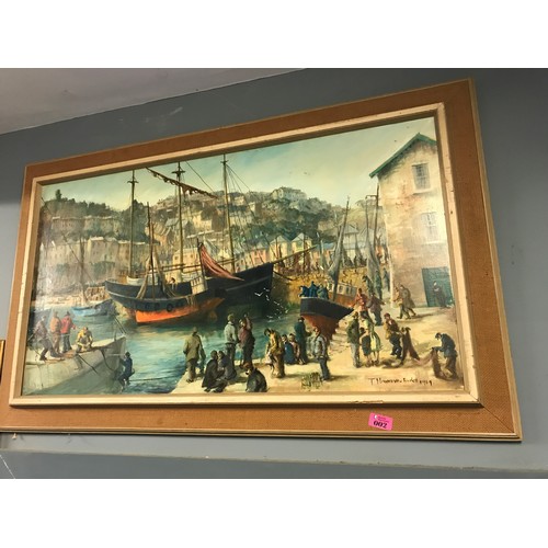 2 - LOVELY FRAMED OIL ON CANVAS OF A CORNISH HARBOUR SCENE - SIGNED T. NEWMAN BURKE 1969  - 105CMS X 65C... 