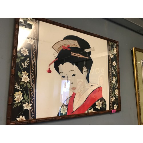 6 - LOVELY LARGE FRAMED & GLAZED ORIENTAL FABRIC PICTURE OF A GEISHA GIRL WITH BAMBOO EFFECT FRAME - 74C... 
