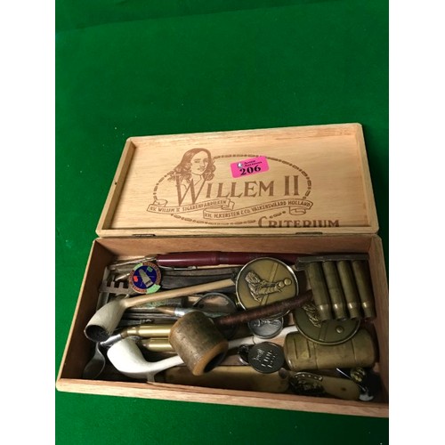 206 - BOX OF INTERESTING ITEMS INC SELDON VINTAGE FOUNTAIN PEN, MEDALS ETC