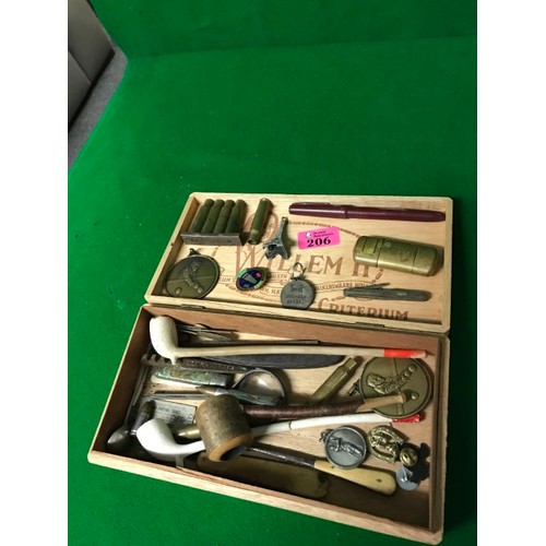 206 - BOX OF INTERESTING ITEMS INC SELDON VINTAGE FOUNTAIN PEN, MEDALS ETC