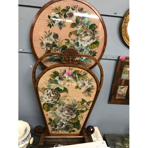 283 - BEAUTIFULL EARLY FIRE SCREEN WITH TAPESTRY INSET & ORNATE WOODEN FRAME + MATCHING WALL HANGING - SCR... 