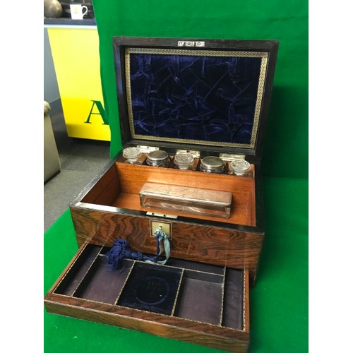 312 - LOVELY EARLY WRITING / VANITY TRAVEL BOX WITH 6 X BOTTLES INSIDE & KEY - 30CMS X 23CMS X 17CMS H