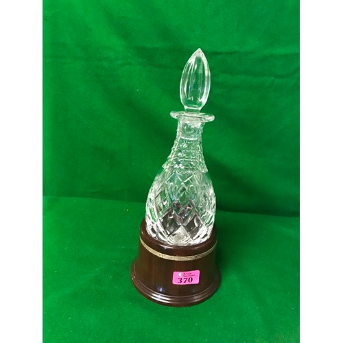 370 - LOVELY CUT GLASS DECANTER IN HOLDER WITH SILVER HALMARKED BAND