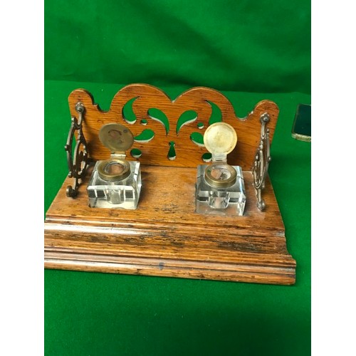 377 - LOVELY DOUBLE INKWELL ON WOODEN PLATFORM WITH UPSTAGE - PLATFORM LENGTH 25CMS