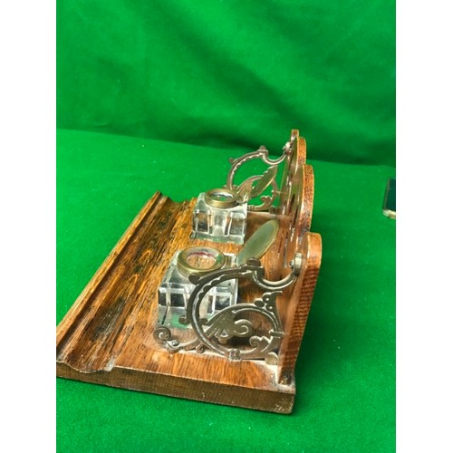 377 - LOVELY DOUBLE INKWELL ON WOODEN PLATFORM WITH UPSTAGE - PLATFORM LENGTH 25CMS