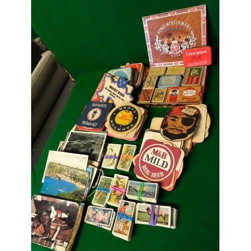 399 - BOX OF MIXED VINTAGE ITEMS - BEER MATS, MATCH BOXES ETC