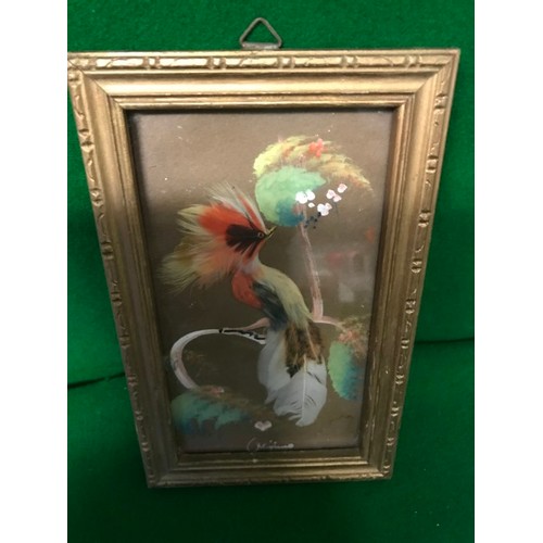 446 - SMALL EARLY FRAMED & GLAZED BIRD PIATUCE MADE FROM REAL BIRD FEATHERS - SIGNED - 13CMS X 20CMS