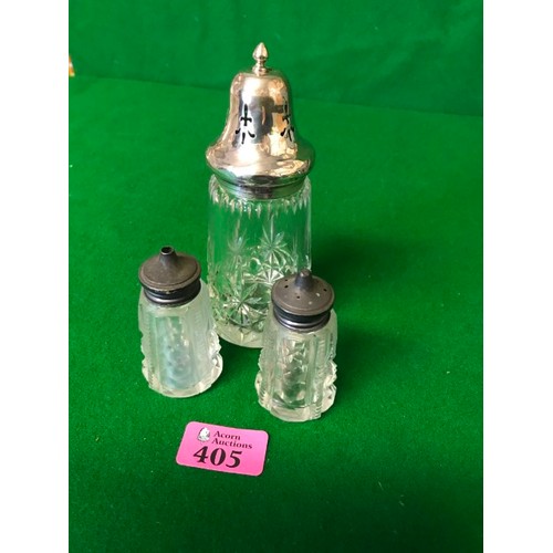 405 - SILVER TOP GLASS SUGAR SHAKER & PAIR OF SILVER TOPPED CRUET - SOME FAULTS - WOULD BENEFIT FROM A CLE... 