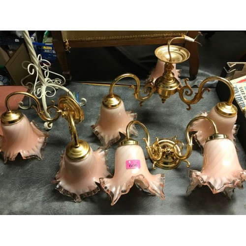 600 - VERY PRETTY CEILING CENTRE LIGHT & 2 X MATCHING WALL LIGHTS - PINK GLASS SHADES IN A LOVELY SHAPE & ... 