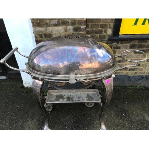 595 - STUNNING SILVER PLATE HOT MEAT TROLLEY - THE DOMED COVER ROLLS BACK TO REVEAL THE WARMING PLATE, REC... 