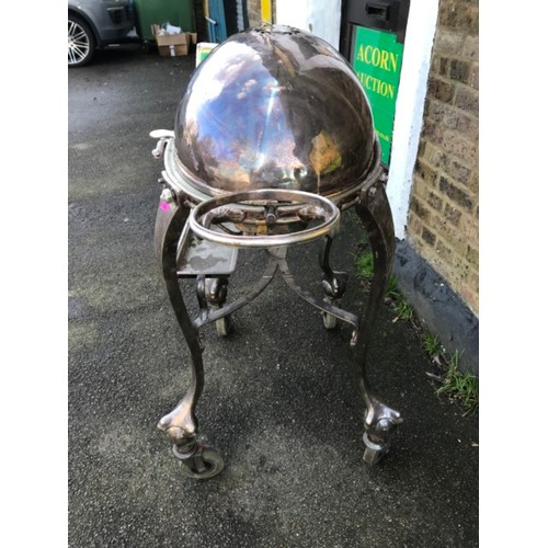 595 - STUNNING SILVER PLATE HOT MEAT TROLLEY - THE DOMED COVER ROLLS BACK TO REVEAL THE WARMING PLATE, REC... 