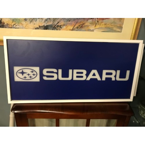 619 - LARGE METAL ILLUMINATED SUBARU SIGN - 60CMS X 30CMS