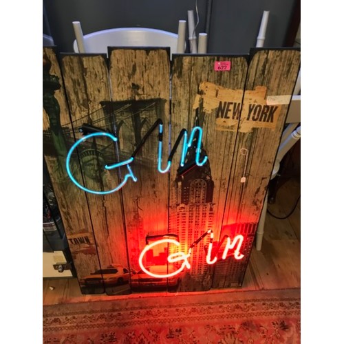 622 - LARGE WOODEN NEON ILLUMINATED NEW YORK GIN GIN SIGN - 70CMS X 100CMS - COLLECTION ONLY OR ARRANGE OW... 