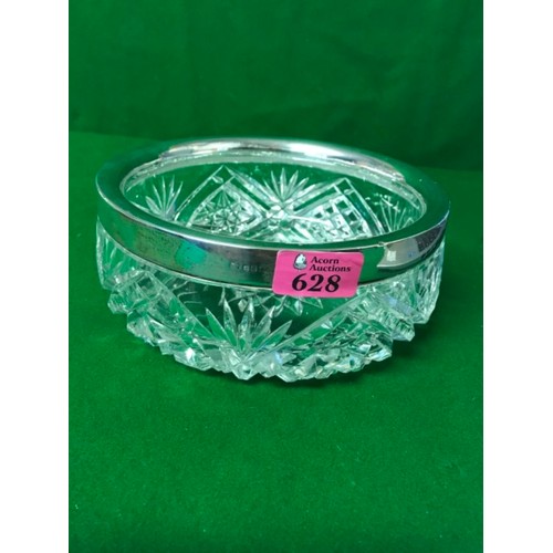 628 - LOVELY CUT GLASS BOWL WITH SILVER RIM - ENGRAVED 