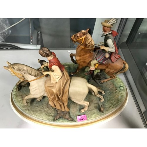 641 - VERY LARGE MAGNIFICENT CAPODIMONTE HORSE HUNTING SCENE FIGTURE - SIGNED FALCHI - APPROX 55CMS X 30CM... 