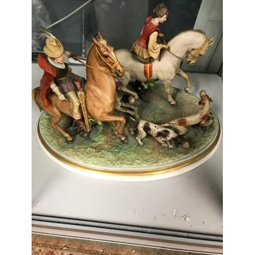 641 - VERY LARGE MAGNIFICENT CAPODIMONTE HORSE HUNTING SCENE FIGTURE - SIGNED FALCHI - APPROX 55CMS X 30CM... 