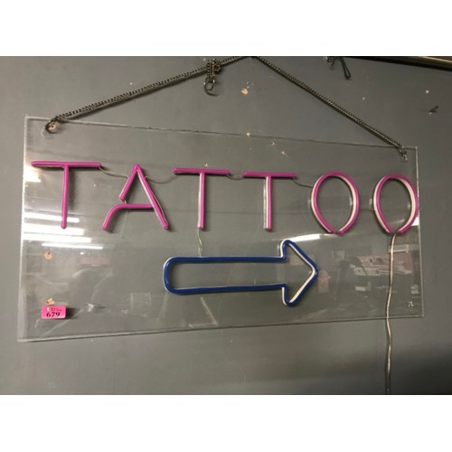 679 - LARGE PERSPEX ILLUMINATED NEON TATTOO SIGN - 85CMS X 40CMS - COLLECTION ONLY OR ARRANGE OWN COURIER