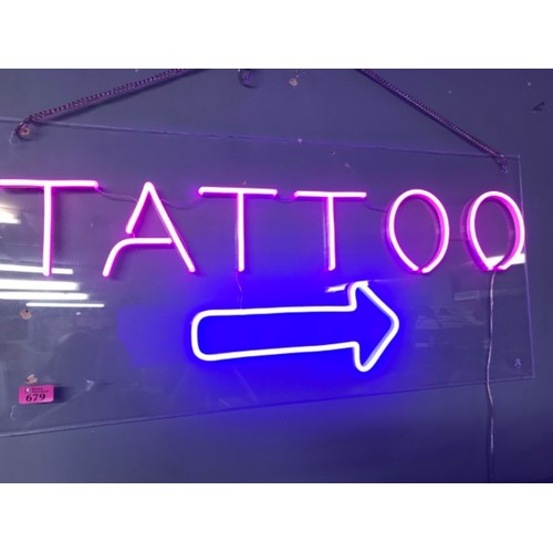 679 - LARGE PERSPEX ILLUMINATED NEON TATTOO SIGN - 85CMS X 40CMS - COLLECTION ONLY OR ARRANGE OWN COURIER