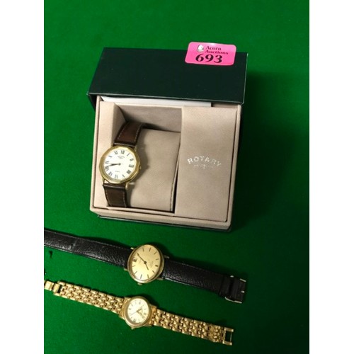 693 - BOXED ROTARY WATCH & 2 X UNBOXED ROTARY WATCHES - WATCHES & CLOCKS ARE NOT TESTED