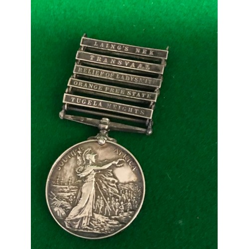 697 - RARE SOUTH AFRICAN BOER WAR MILITARY MEDAL WITH 5 CAMPAIGN BARS AWARDED TO A.B. J FINCH - HMS FORTE