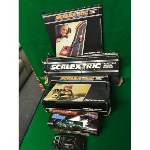 722 - 2 X SCALEXTRIC CARS & BOXED AUTOSTART, LAP COUNTER & TRACK ETC