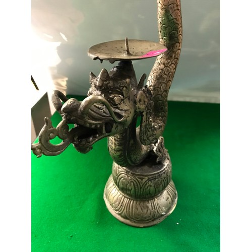 754 - VERY NICE UNUSUAL METAL ORIENTAL CANDLESTICK IN THE FORM OF A DRAGON - STANDS 58CMS