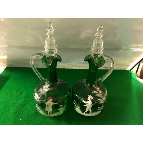 789 - PAIR OF VINTAGE GREEN GLASS DECANTERS - MARY GREGORY - A/F STOPPER SLIGHT - 28CMS H