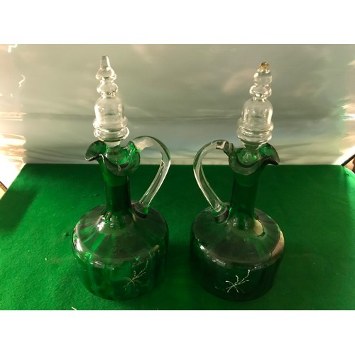 789 - PAIR OF VINTAGE GREEN GLASS DECANTERS - MARY GREGORY - A/F STOPPER SLIGHT - 28CMS H